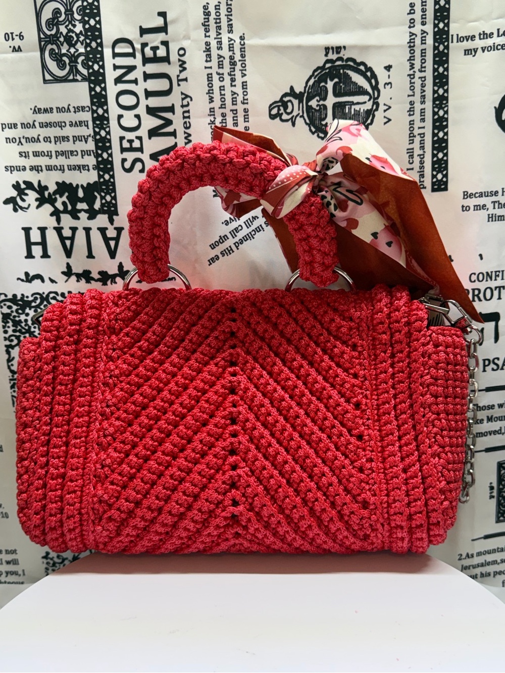Handcrafted Red Crochet Top-Handle Bag with Scarf Accent - Picture 2 of 8